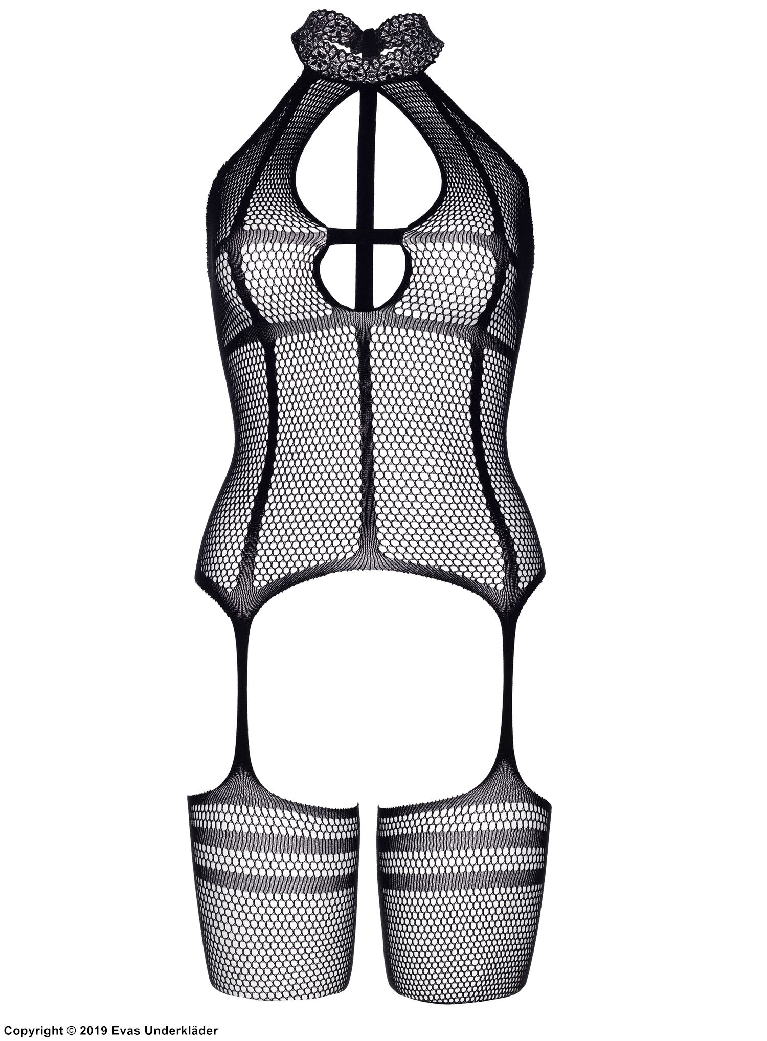 Suspender bodystocking, small fishnet, built-in stockings, keyhole, elegant design